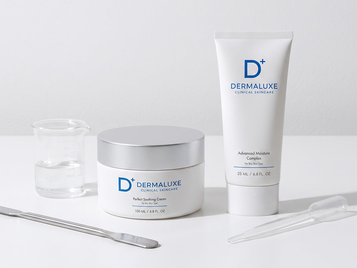 DERMALUXE Perfect Soothing Cream and Advanced Moisture Complex with lab tools